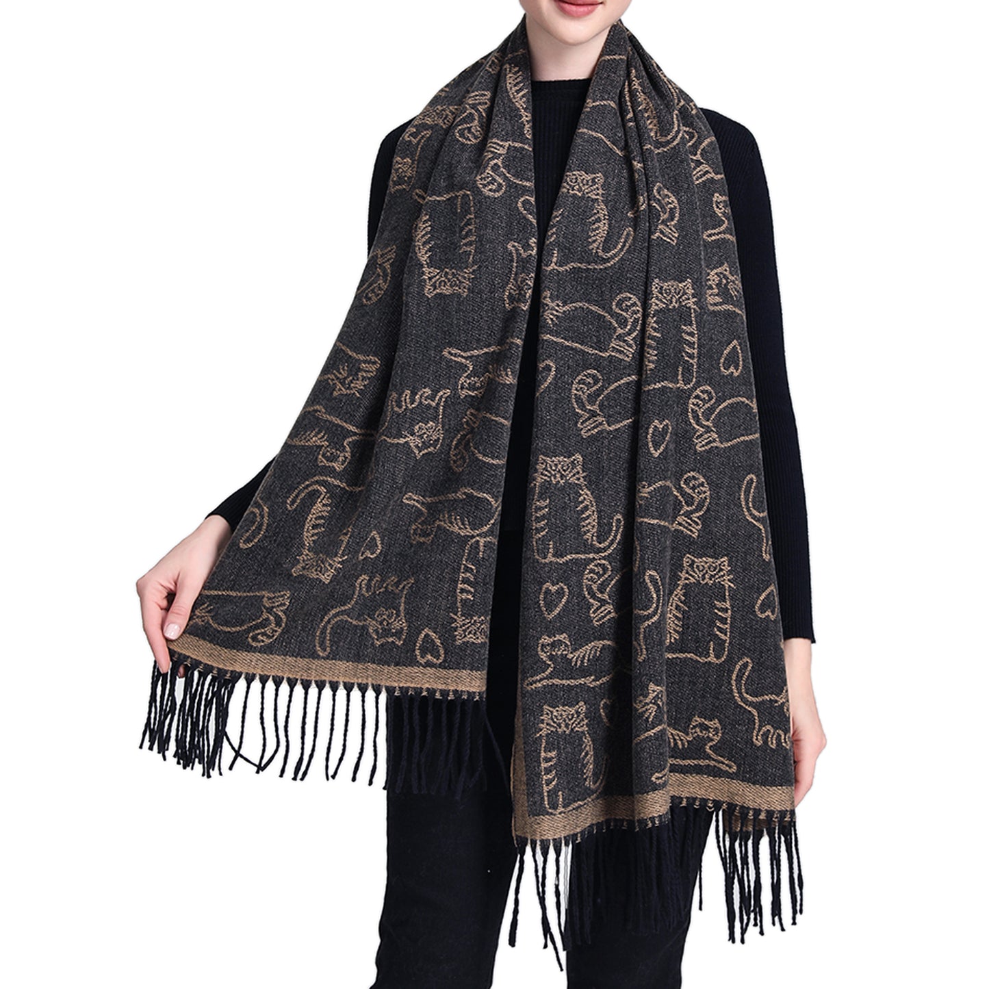 Women’s Cat Pattern Shawl Wrap - Warm Soft Winter Large Scarf