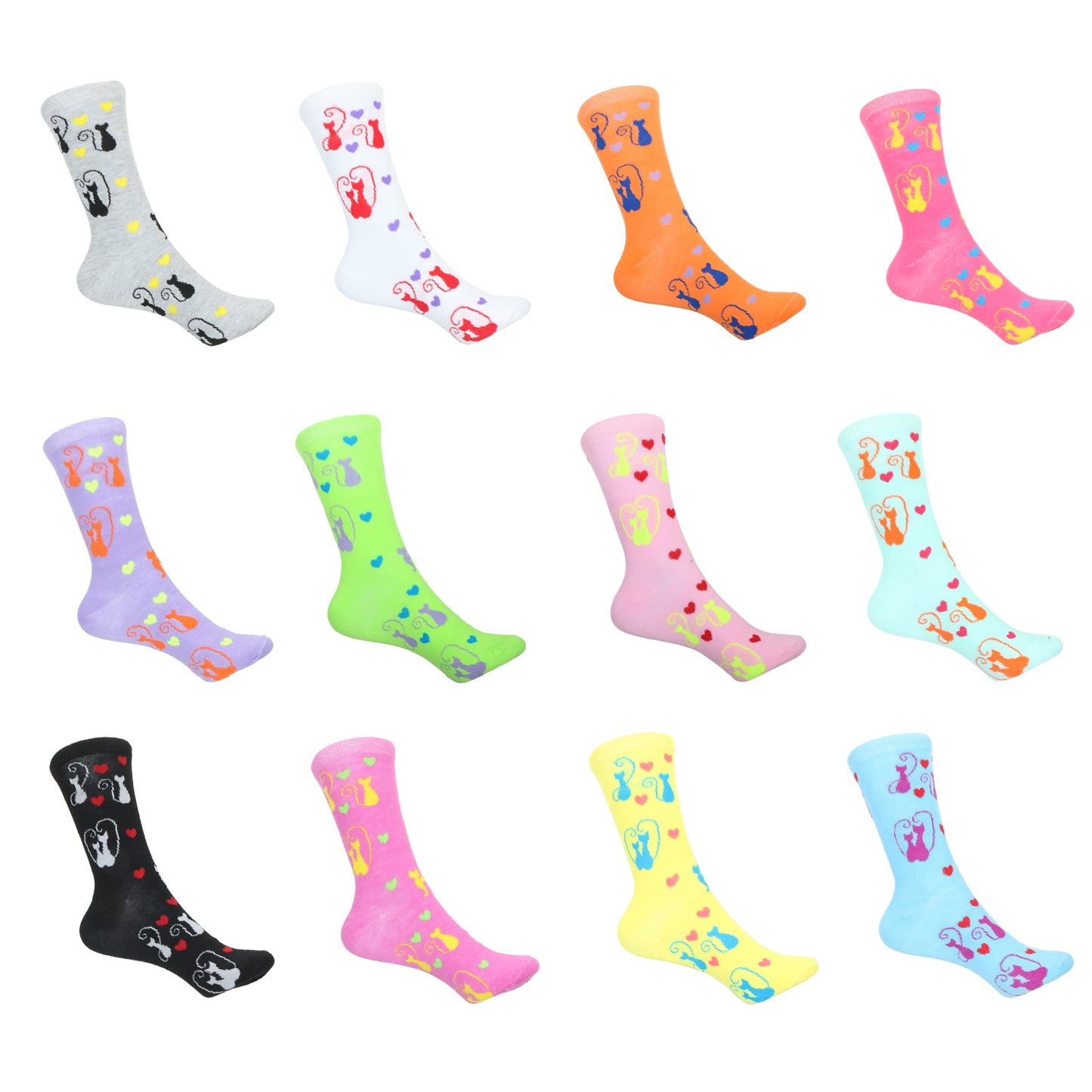 12 Pairs Women’s Lightweight Kittty Cat&Love Heart Patterned Cotton Crew Caual Cute Socks