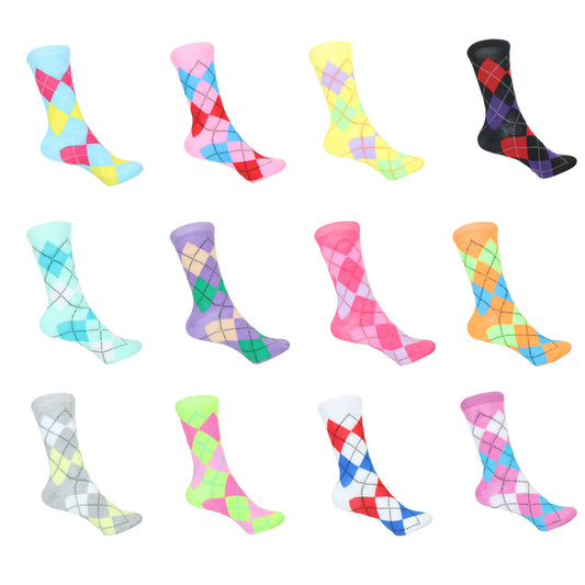 12 Pairs Women’s Lightweight Argyle Diamond Patterned Cotton Crew Caual Cute Socks