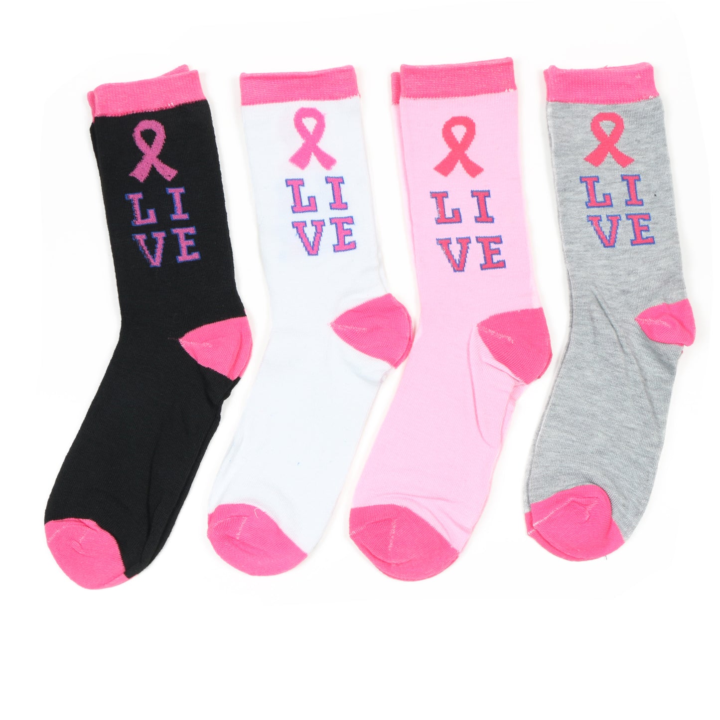 12 Pairs Women’s Lightweight Brest Cancer Pink Ribbon&Live Cotton Crew Caual Cute Socks