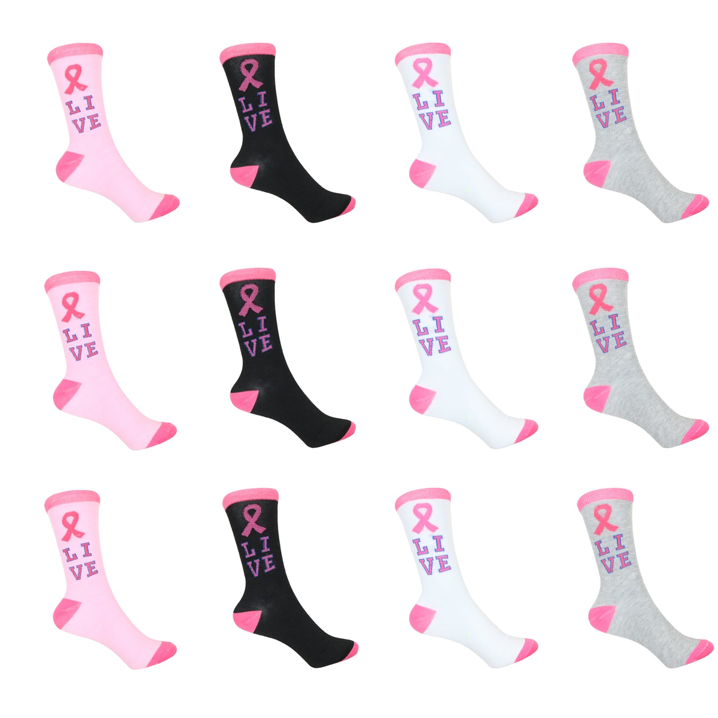 12 Pairs Women’s Lightweight Brest Cancer Pink Ribbon&Live Cotton Crew Caual Cute Socks