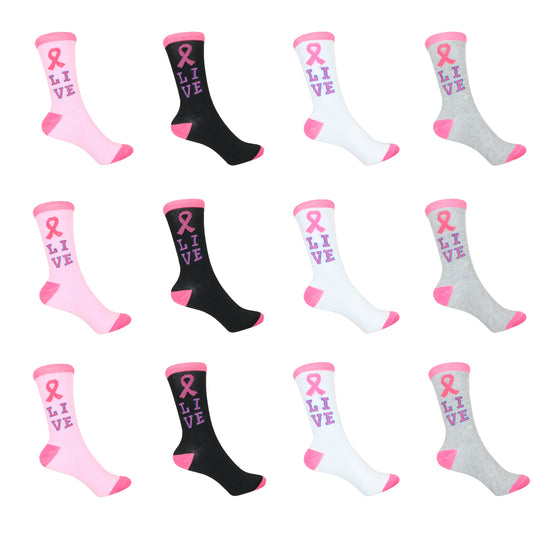 12 Pairs Women’s Lightweight Brest Cancer Pink Ribbon&Live Cotton Crew Caual Cute Socks