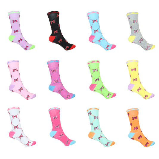 12 Pairs Women’s Lightweight Bow Tie Patterned Cotton Crew Caual Cute Socks