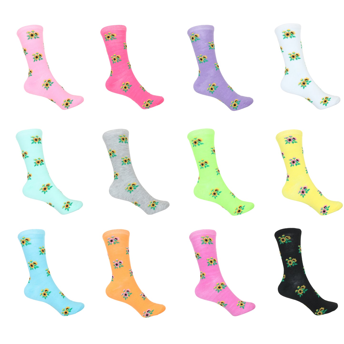 12 Pairs Women’s Lightweight Sunflower Patterned Cotton Crew Caual Cute Socks
