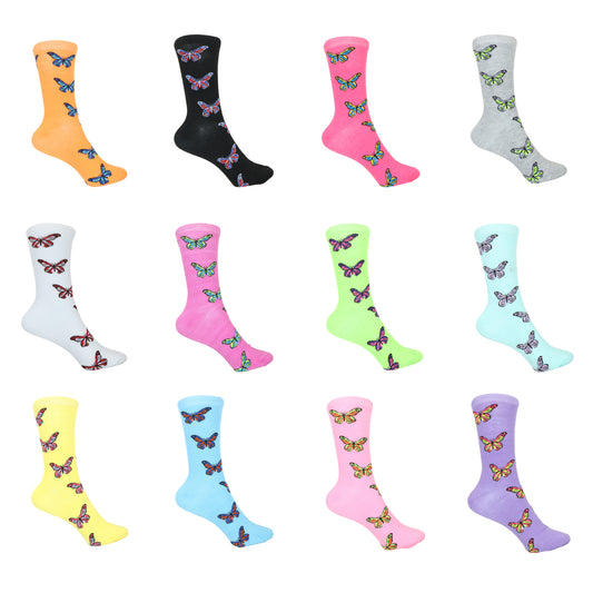 12 Pairs Women’s Lightweight Butterfly Patterned Cotton Crew Caual Cute Socks