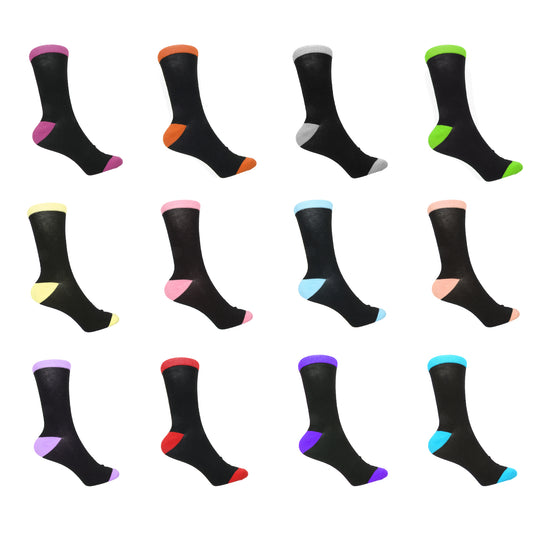 12 Pairs Women’s Lightweight Black Two Tone Solid Cotton Crew Caual Cute Socks