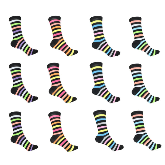 12 Pairs Women’s Lightweight Neon Rainbow Colored Striped Cotton Crew Caual Cute Socks