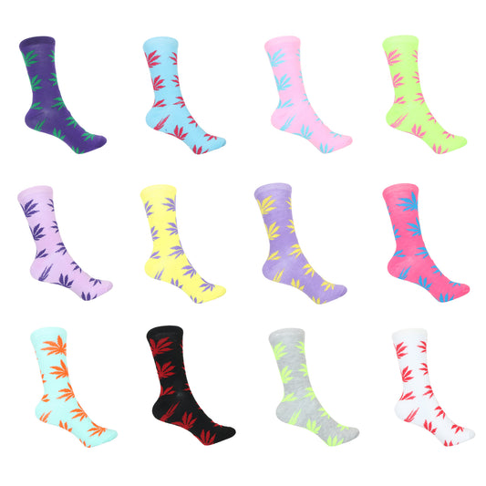 12 Pairs Women’s Lightweight Weeds Leaf Patterned Cotton Crew Caual Cute Socks