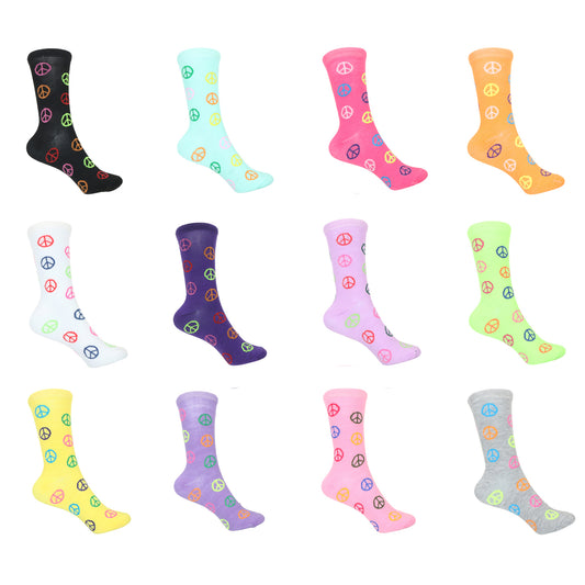 12 Pairs Women’s Lightweight Peace Sign Patterned Cotton Crew Caual Cute Socks