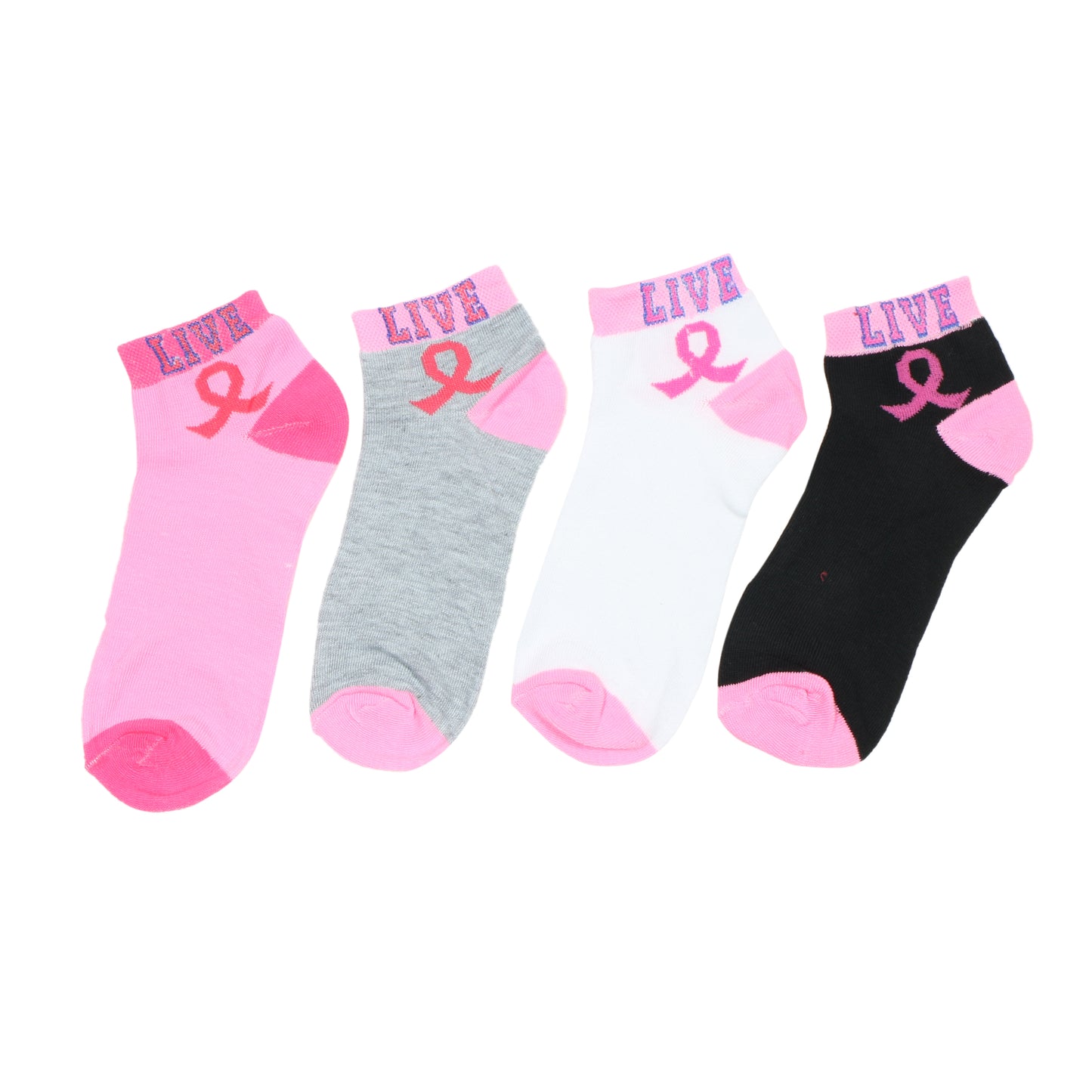 12 Pairs Women’s Lightweight Pink Ribbon&Live Cotton Ankle Mid Quarter Mini Crew Breast Cancer Caual Socks