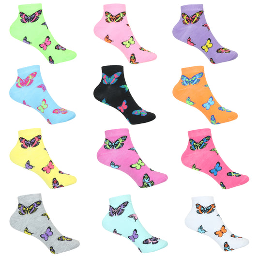 12 Pairs Women’s Lightweight Butterfly Cotton Ankle Mid Quarter Mini Crew Caual Socks