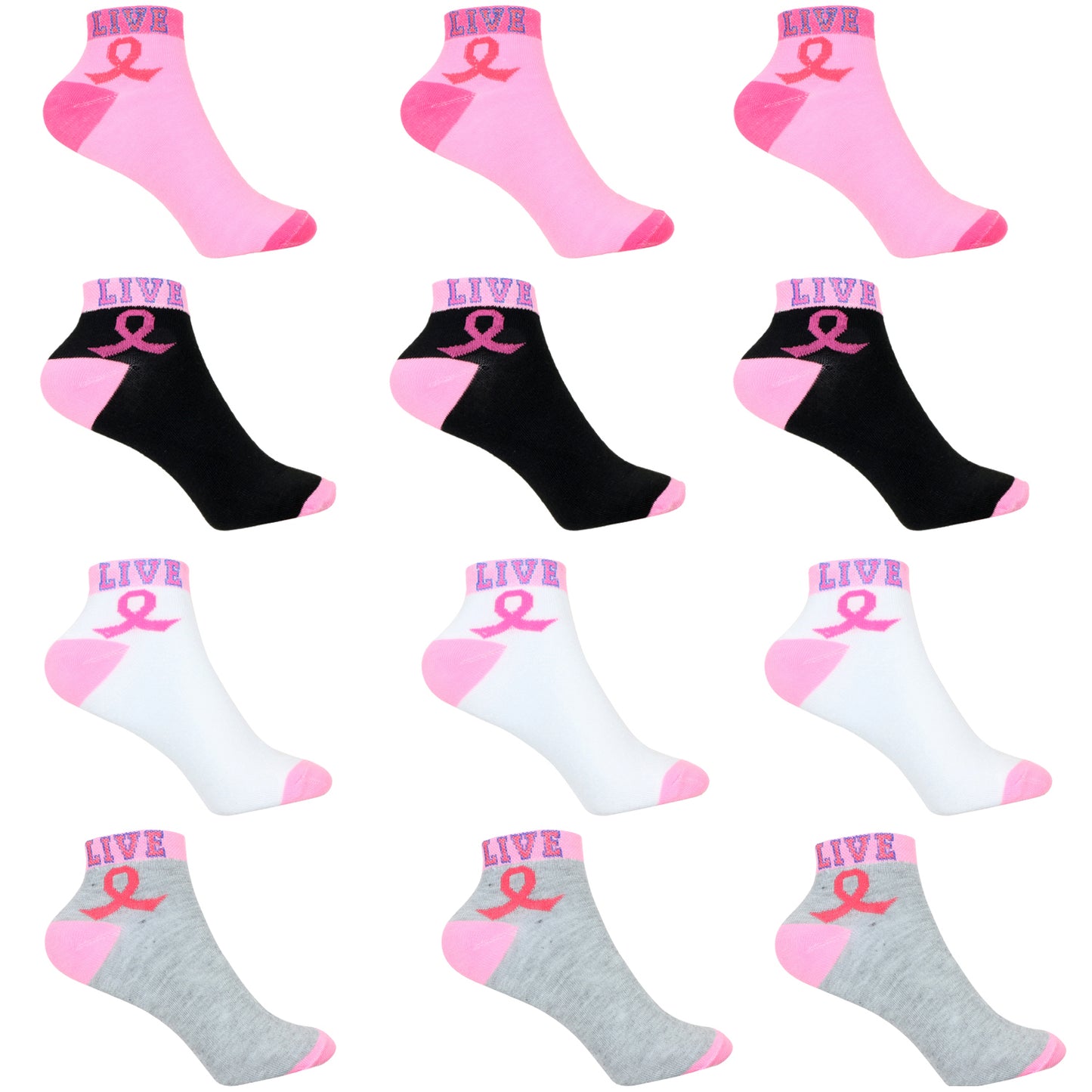 12 Pairs Women’s Lightweight Pink Ribbon&Live Cotton Ankle Mid Quarter Mini Crew Breast Cancer Caual Socks