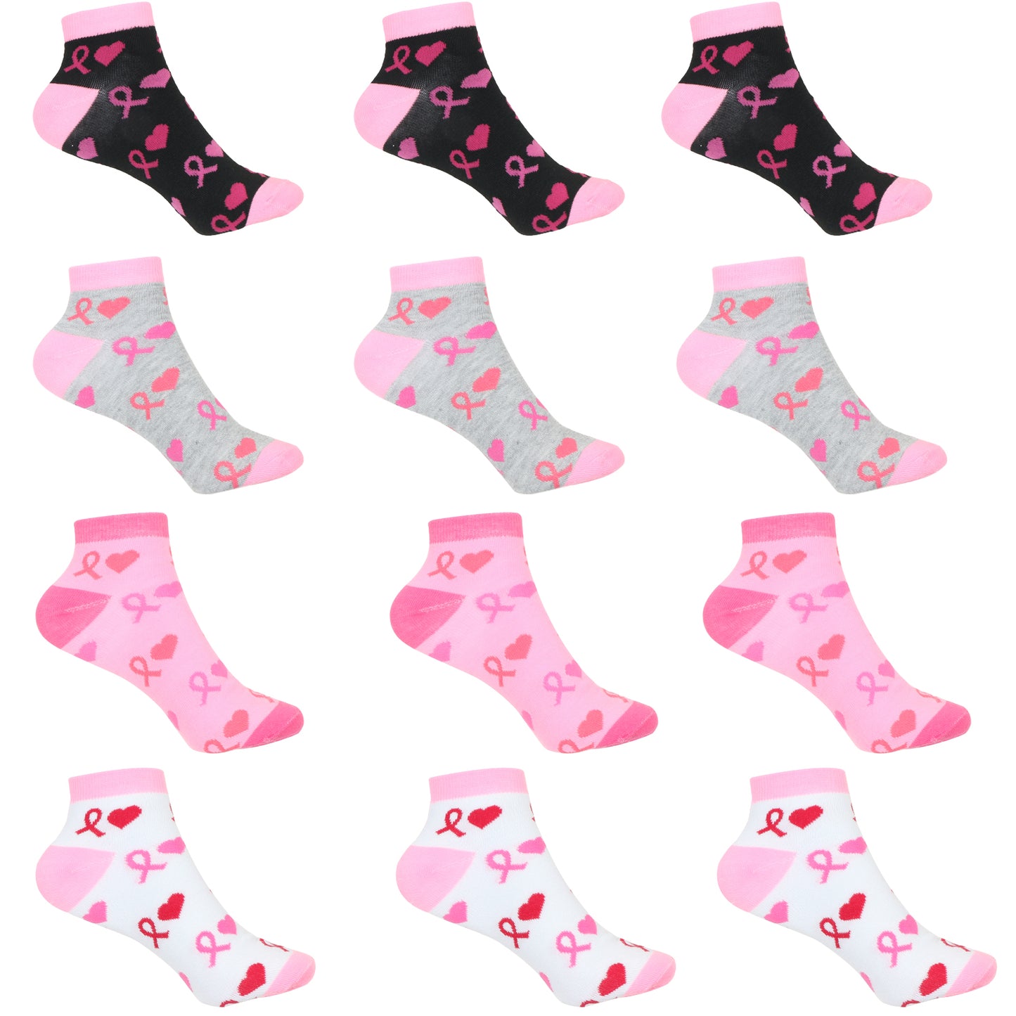 12 Pairs Women’s Lightweight Pink Ribbon&Heart Love Cotton Ankle Mid Quarter Mini Crew Breast Cancer Caual Socks