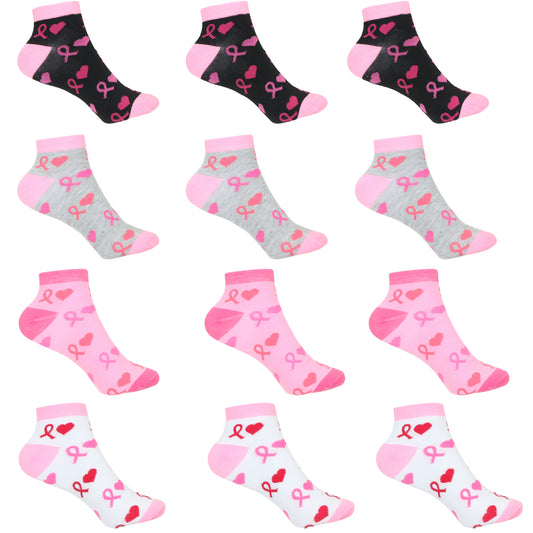 12 Pairs Women’s Lightweight Pink Ribbon&Heart Love Cotton Ankle Mid Quarter Mini Crew Breast Cancer Caual Socks