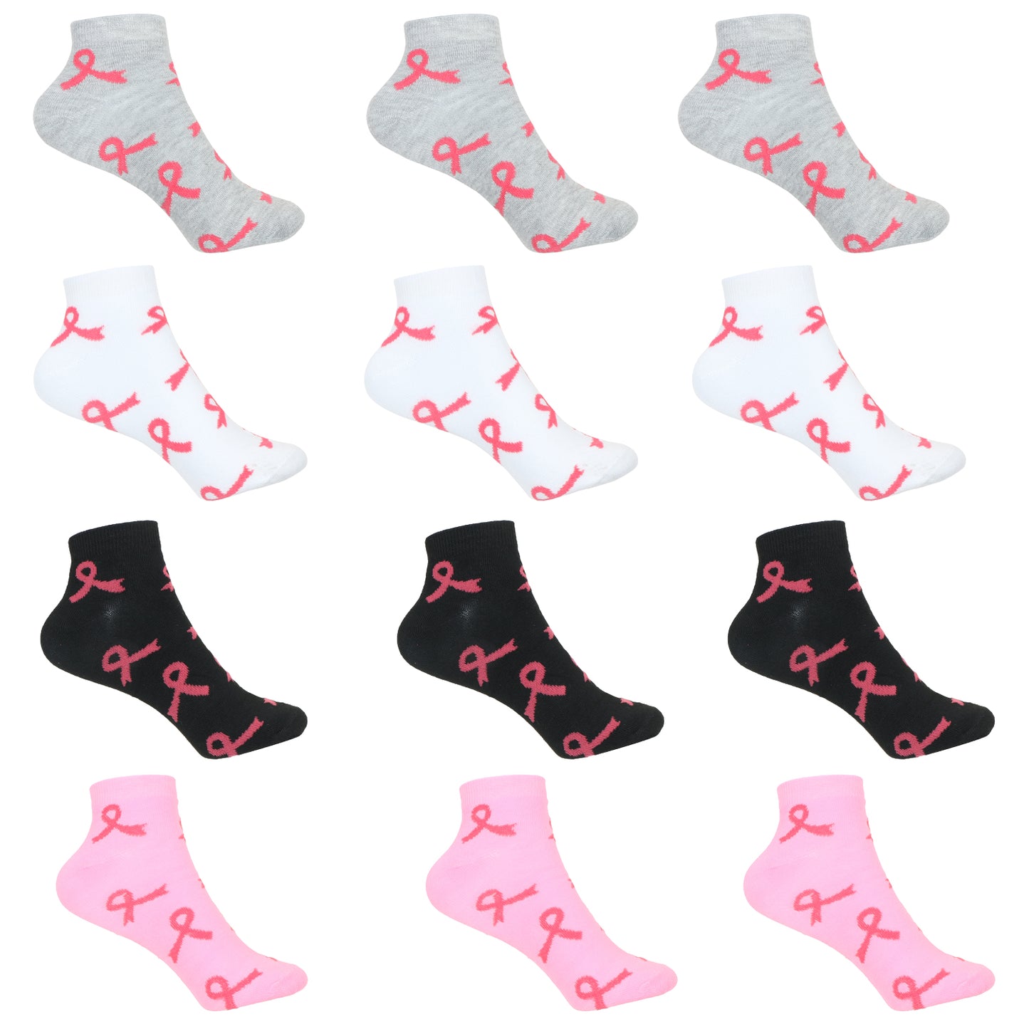 12 Pairs Women’s Lightweight Pink Ribbon Cotton Ankle Mid Quarter Mini Crew Breast Cancer Caual Socks