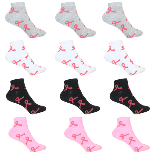 12 Pairs Women’s Lightweight Pink Ribbon Cotton Ankle Mid Quarter Mini Crew Breast Cancer Caual Socks