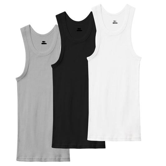 Men’s 3 Pack Solid BLack White Grey Cotton Ribbed Tank Top Wife Beater Comfortable